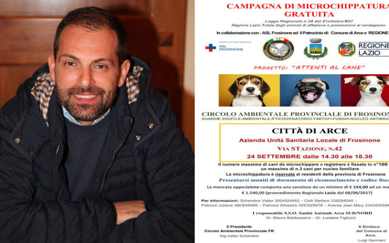 ARCE – Progetto “Attenti al Cane”: Oggi sabato dalle 14,30 alle 18,30, microchip gratuito nella tappa arcese per i cani della provincia di Frosinone